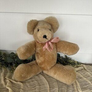19” Vintage Petkin Jointed Teddy Bear Growler England Leather Nose Blonde Soft